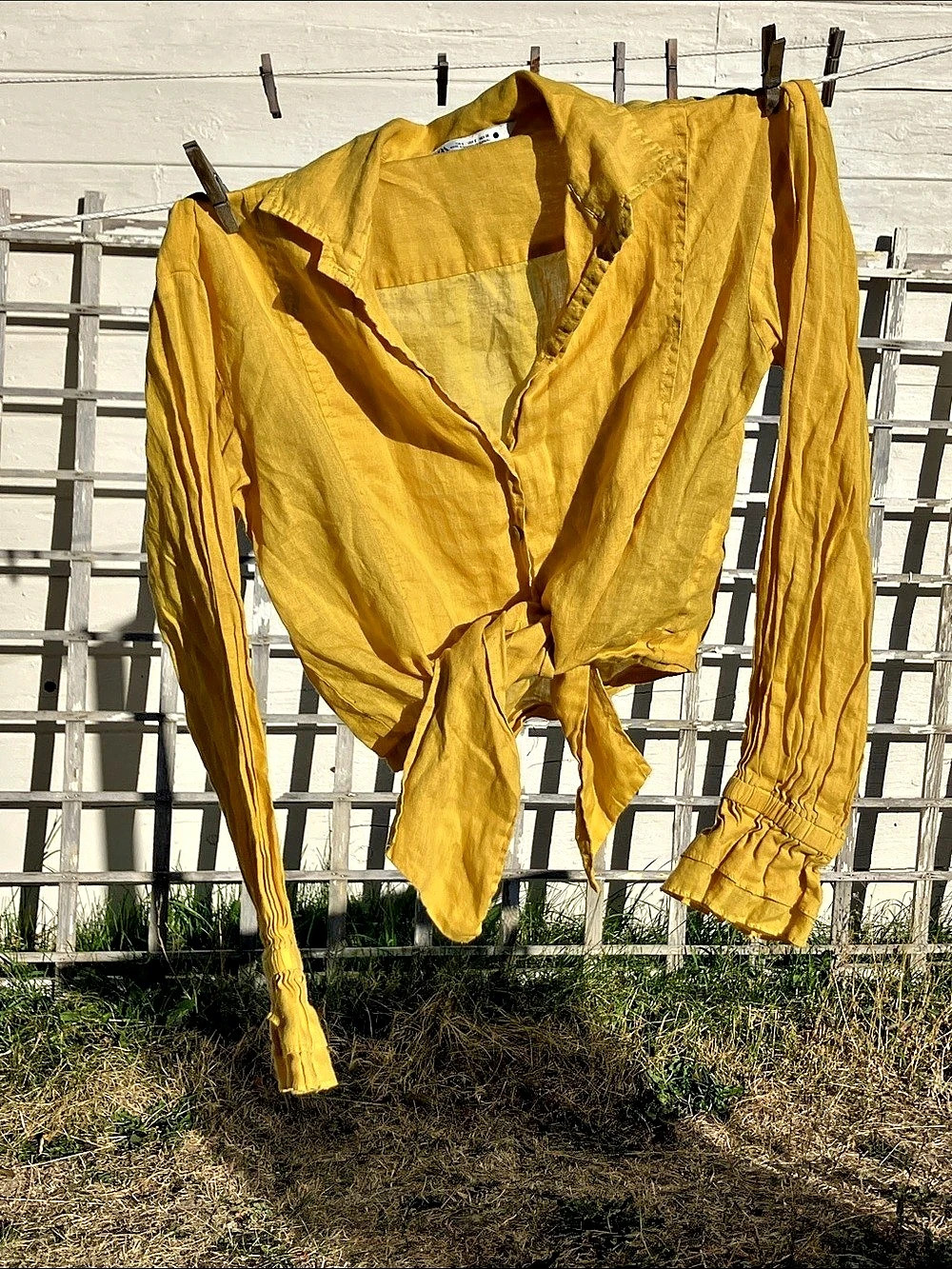 Zara Ramie Tie-Front Cropped Shirt Blouse, Yellow, Small